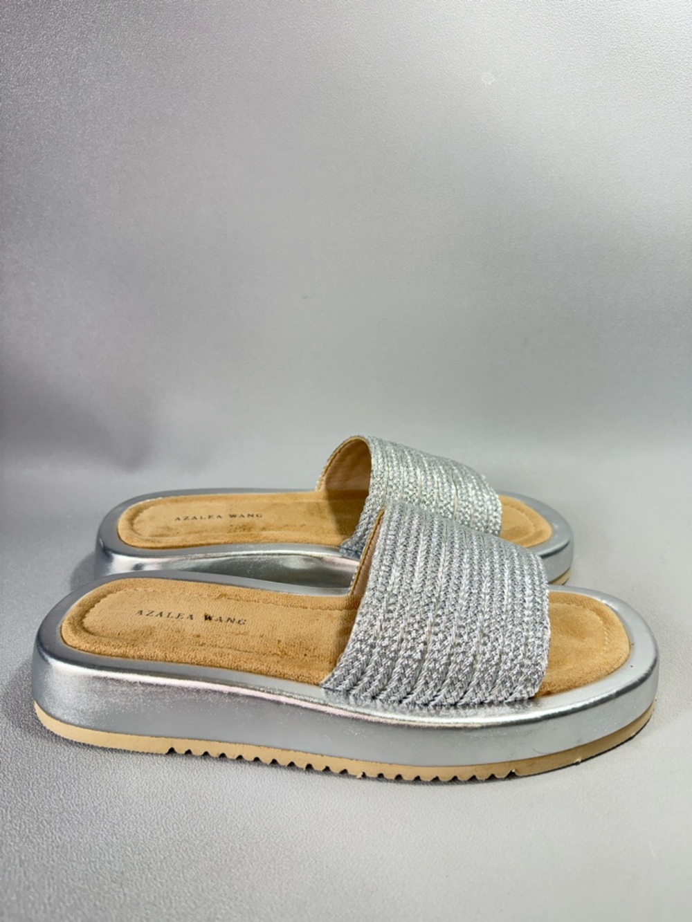 AZALEA WANG Pagani Silver Metallic Braided Slide Platform Sandals